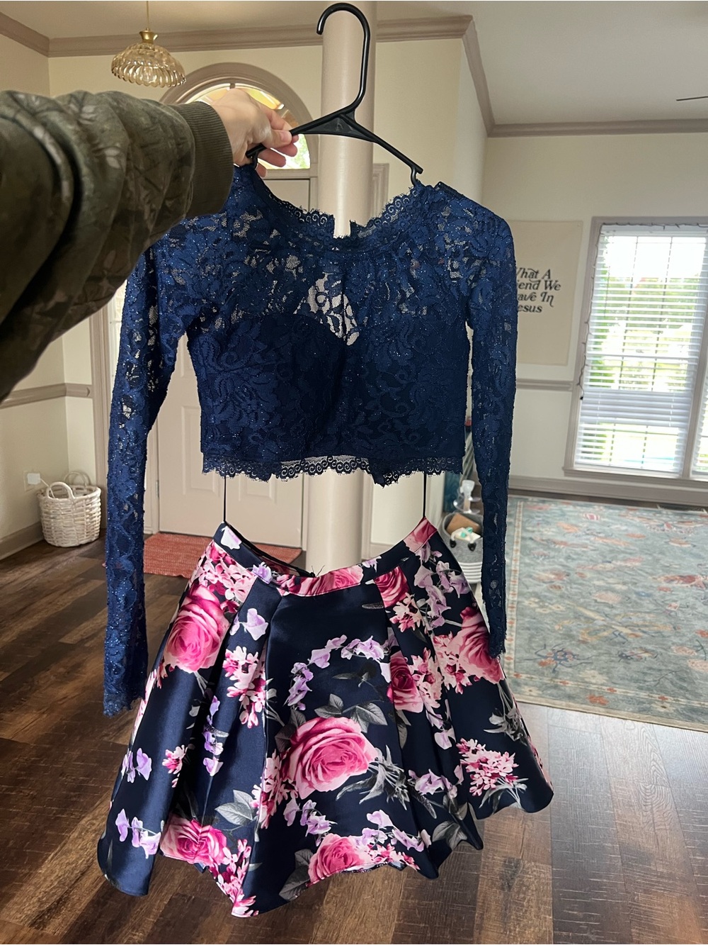 B Darlin Navy Lace Crop Top with Navy & Pink Floral Skater Skirt